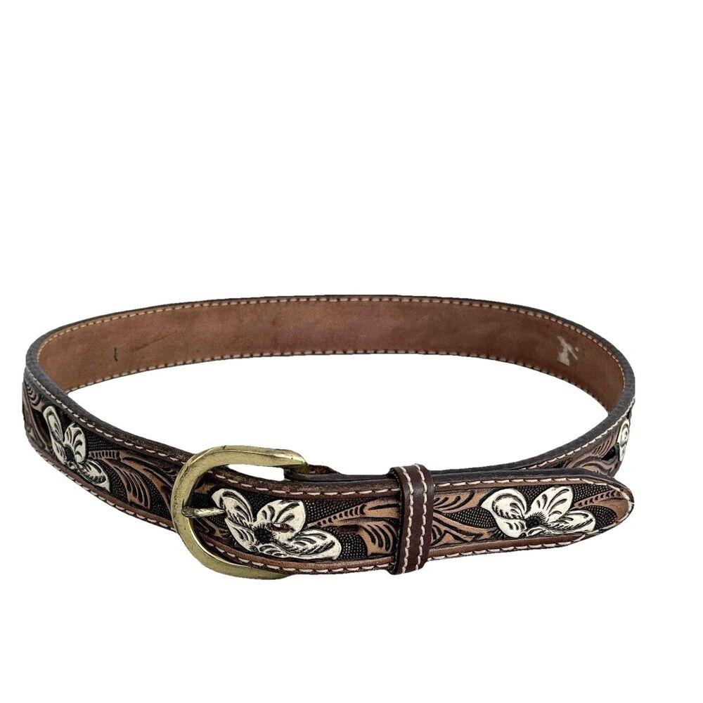 Vintage Nocona Tooled Underlay Leather Belt Brown Western Embossed Floral Sz 30